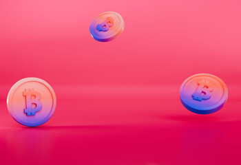 3d colorful rendering gradient pink and purple isolated bitcoin coins set	on red background