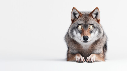 Obraz premium Realistic digital illustration of a lone wolf with striking bright eyes and detailed fur texture against a clean white background.