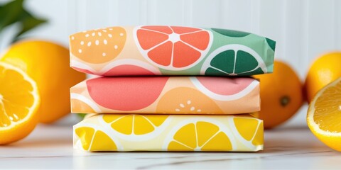 Brightly patterned fabric wraps in citrus colors, stacked with fresh lemons and oranges, creating a vibrant, eco-friendly aesthetic.
