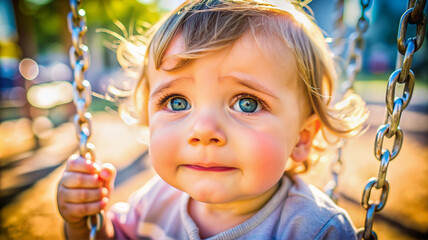 Toddler on swing with vibrant outdoor background
