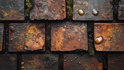 Rustic Wet Stones Texture: A Close-Up View of Weathered Brickwork