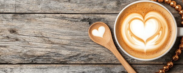 Coffee with heart latte art on wooden table background.