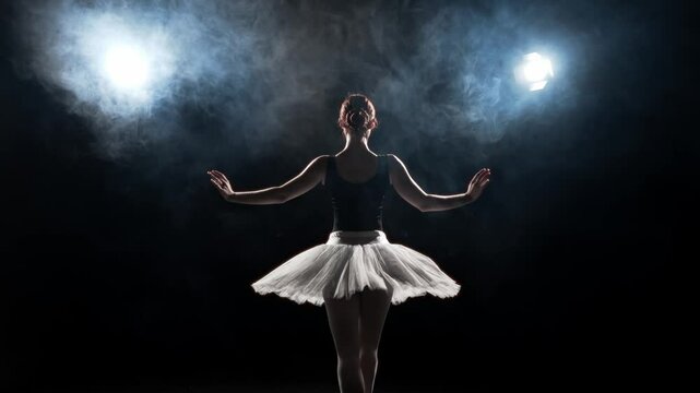 Graceful female ballet dancer dancing alone in dark hall, silhouette in soffits. Beautiful ballerina in white tutu moving arms slowly, rear view, amazing art performance in theatre, classical ballet