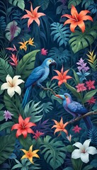 Tropical exotic pattern with animal and flowers in bright colors and lush vegetation