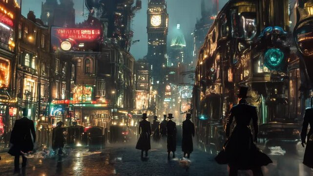People wearing elegant clothes are walking on a street in a steampunk version of london. Big ben and a zeppelin are visible in the background
