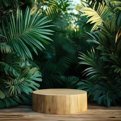 wooden podium surrounded by lush tropical foliage creates serene outdoor setting. This natural backdrop enhances beauty of wood, perfect for presentations or displays
