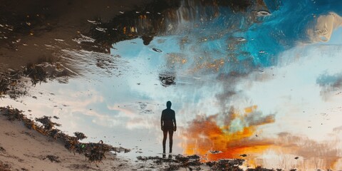 Fototapeta premium a person standing at the water edge, with the reflection showing an oil spill