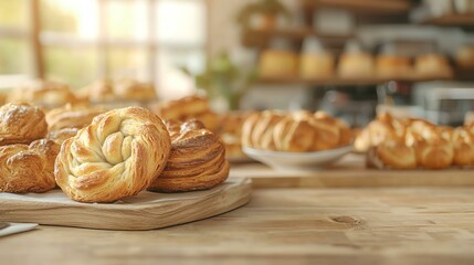 Freshly baked pastries on a wooden table, warm and inviting.