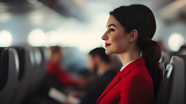 A poised flight attendant in a vibrant red uniform, gazing thoughtfully out the window of an airplane cabin. Serene ambiance.