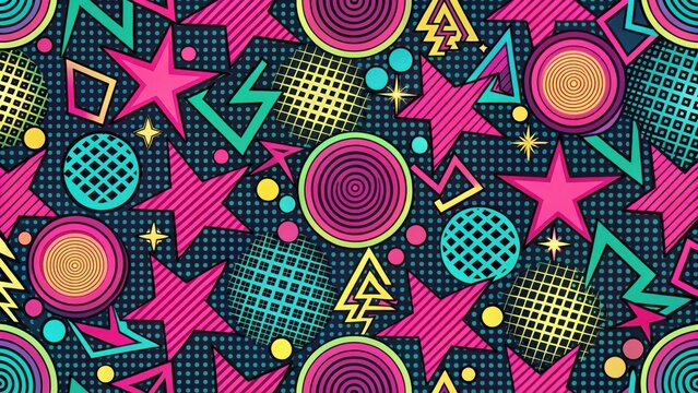 A vibrant, retro-inspired geometric pattern with neon colors and bold shapes, featuring stars, circles, and zigzags on a dark background