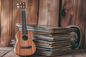 Fototapeta premium Wooden Ukulele Leaning on Vinyl Record Stack in Cozy Acoustic Setting with Warm Wooden Background and Natural Aesthetic Vibes