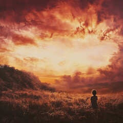 Obraz premium A Young Child Gazes at a Breathtaking Sunset Over a Mountain Landscape, Illuminated Sky and Dramatic Cloud Formation, Evoking Wonder and Innocence in Nature's Realm