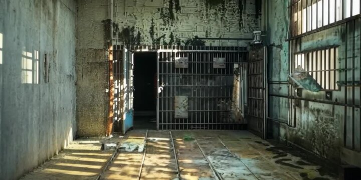 Deserted prison with decaying cells and rusting bars, 4K , Video