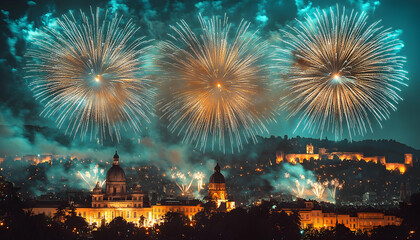 Night city skyline with vibrant fireworks display.