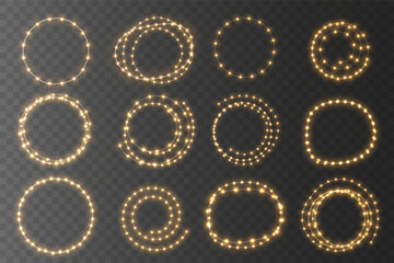 A set of glowing garland on a transparent background. Christmas Bright Lights. Design for Christmas banners, cards, backgrounds. Isolated realistic design elements. Glowing lights for Xmas