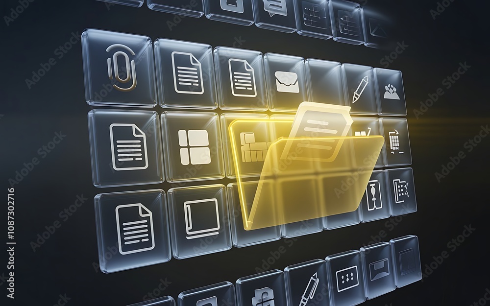 Fototapete digital file management: a glowing yellow folder icon stands out amidst a grid of translucent app ic