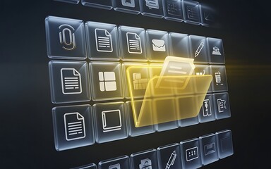 Digital File Management:  A glowing yellow folder icon stands out amidst a grid of translucent app icons, symbolizing efficient digital organization and data storage.
