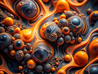 Stunning Abstract Amorphous Forms Captured from Above with Drone Photography, Featuring Intricate 3D Objects in Vibrant Orange and Black Color Schemes for Artistic Exploration