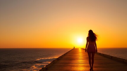 Fototapeta premium Embracing Freedom at Sunset - A Woman Walking on a Pier with Ocean Waves Crashing Capturing the Essence of Limitless Horizons and Serene Moments