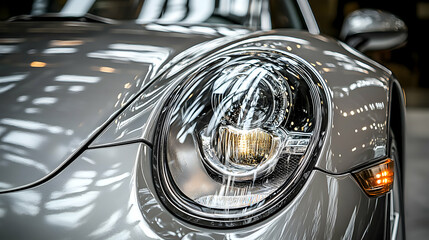 A Close-Up View of a Silver Car's Headlight, Showing a Detailed Look at the Reflector and Turn Signal, with a Blurred Background, Captivating in its Simplicity.