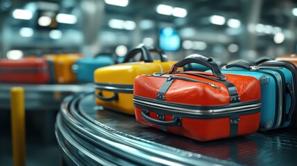 Fototapeta premium Colorful Suitcases on Luggage Carousel at Airport