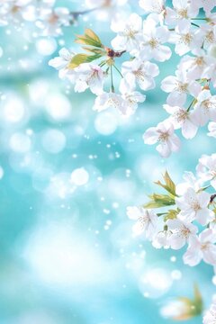 Fototapeta White and turquoise spring banner with copy space, cherry blossoms, blurred background, soft lighting.