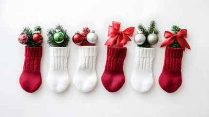 Festive Christmas Stockings Red White Ornaments Xmas Tree Branches Holiday Decor