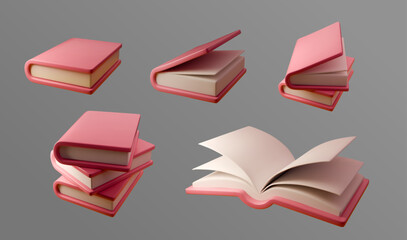 3D vector books set – open, closed, stacked, reading and study icons