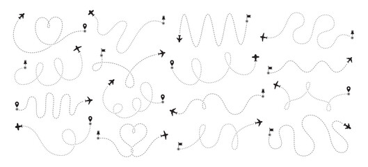 Airplane and transportation routes dashed line different shape and forms isolated monochrome set
