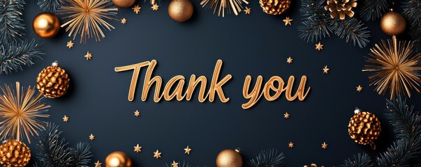 Business Appreciation Thank you Concept for New Year. A festive "Thank You" message surrounded by golden decorations and pinecones, perfect for expressing gratitude during celebrations