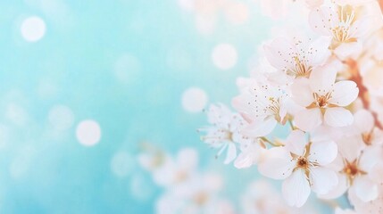 White and turquoise spring banner with copy space, cherry blossoms, blurred background, soft lighting.