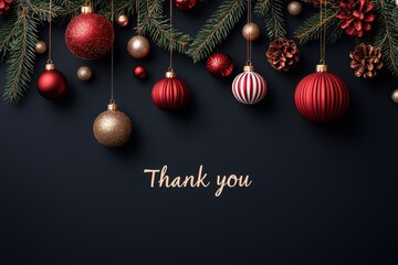 Business Appreciation Thank you Concept for New Year. A festive arrangement of red and gold Christmas ornaments hanging from pine branches, complemented by a warm "Thank You" message