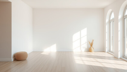 Fototapeta premium A serene and inviting daylight interior scene of a cozy, empty room bathed in soft, warm light, with a calming pale blue background, evoking feelings of comfort and creativity.