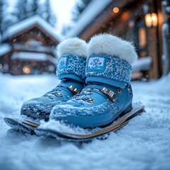 Fur-Lined Winter Boots on Snowy Cabin Path  
