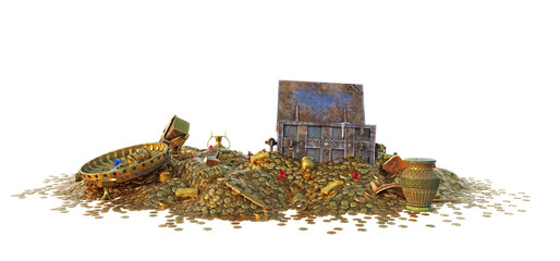 A pile of golden coins, cups and jewellery, with a metal chest, forming a fantasy treasure. 3D illustration on isolated background. 