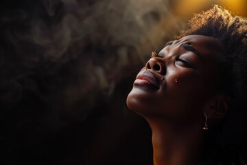 Tear-filled eyes of a woman illuminated by a heavenly glow