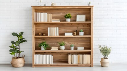 Stylish Wooden Bookshelf Displaying Books and Green Plants in Modern Interior Design with Bright White Brick Wall Background