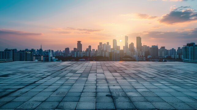 Empty square floor with city skyline background, Cityscape with a utopian vision, idealized urban landscape embodying hope and progress