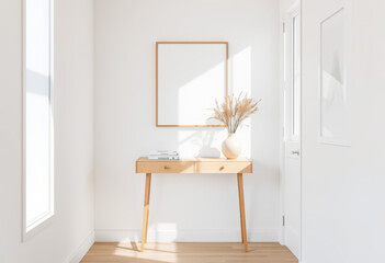 A serene and stylish modern living room with a minimalist vibe, showcasing a large empty frame on a pristine white wall, accented by a neutral-toned sofa, a sleek round glass coffee table.