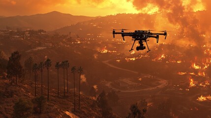 AI drones capture real time data during wildfire crisis in mountainous region at sunset