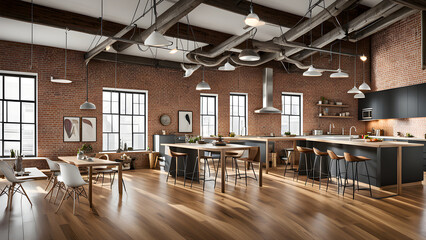 Loft office interior, Loft cafeteria, Loft cafeteria design, startup office cafeteria, modern office cafeteria design, ai generated