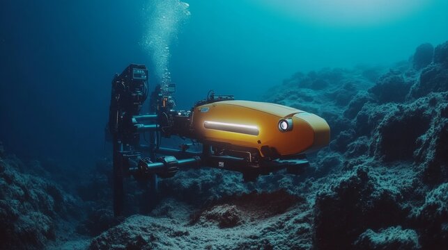 Innovative underwater drone conducting research in a deep ocean environment at twilight