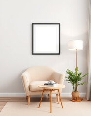 A cozy corner of a living room with a frame mockup hanging above a soft armchair. The armchair is in a pastel tone, paired with a round side table holding a cup of coffee and a book. 