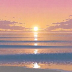Fototapeta premium A vector medium shot of a serene sunrise over a calm ocean, captured from a Dutch angle. The scene includes soft, pastel-colored clouds reflecting in the water, with the tilted horizon adding a dynami