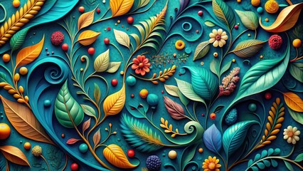 A vibrant and intricate floral arrangement featuring a medley of leaves, flowers, and swirling vines, showcasing a harmonious blend of nature's elements in a captivating and textured design.