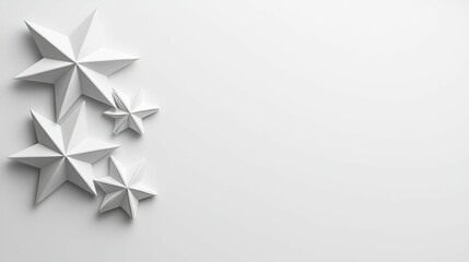 christmas pattern and minimalist stars, A minimalist arrangement of three white, three-dimensional stars against a soft gray background, creating a serene and modern aesthetic.