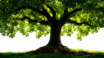 Fototapeta premium A Majestic Oak Tree Stands Tall with Lush Green Foliage Against a Bright White Sky, Showing its Strong Roots and Branching Structure