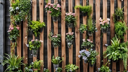 Fototapeta premium A chic vertical garden fence made of wooden slats covered with hanging plants and flowers, Ai Generated