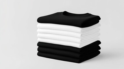 A stack of folded black and white t-shirts organized in a clean and minimalist arrangement, highlighting simplicity and monochrome aesthetics.
