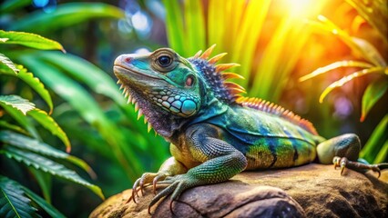 Fototapeta premium A colorful lizard basks in the warm glow of the setting sun, its vibrant scales shimmering against a backdrop of lush green foliage.